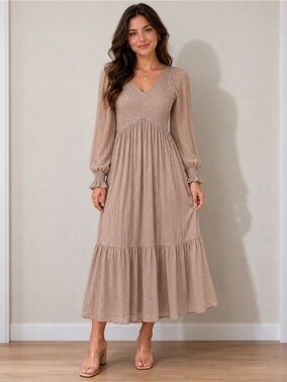 BALTIC BORN Lainey Swiss Dot Smocked Long Sleeve Midi Dress Beige Large - Picture 1 of 8